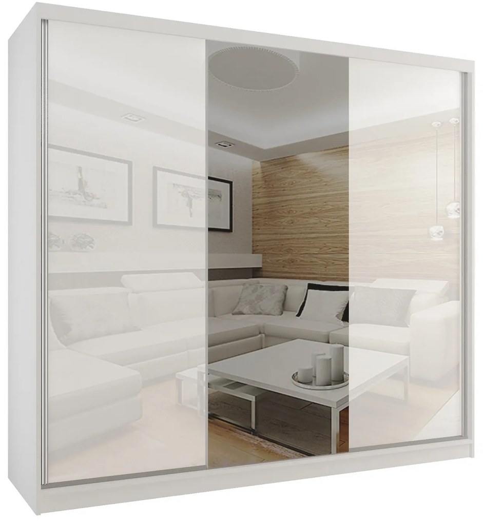 Šatníková skriňa 232 cm Belini biely mat / biely lesk s posuvnými dverami a zrkadlom  BM SZP4/2/W/WI/2W1L/HI