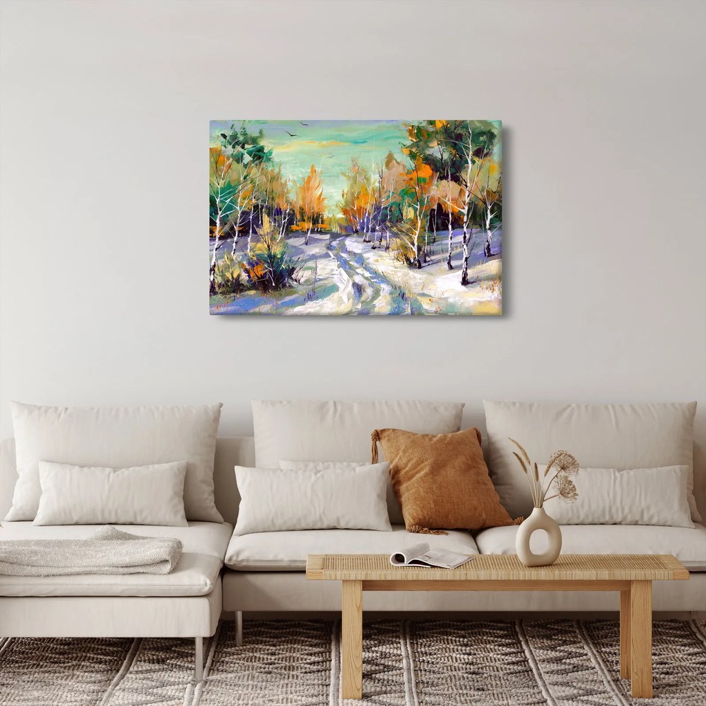 Obraz - Zasnežená cesta lesom, olejomaľba (90x60 cm)