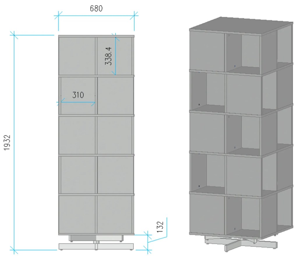Otočný regál, 680×680×1932 mm, 4x 5 oddielov, dub prírodný
