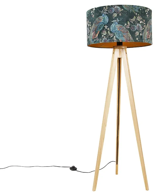 Moderná stojaca lampa drevená s látkovým tienidlom čierny páv 50 cm - Tripod Classic