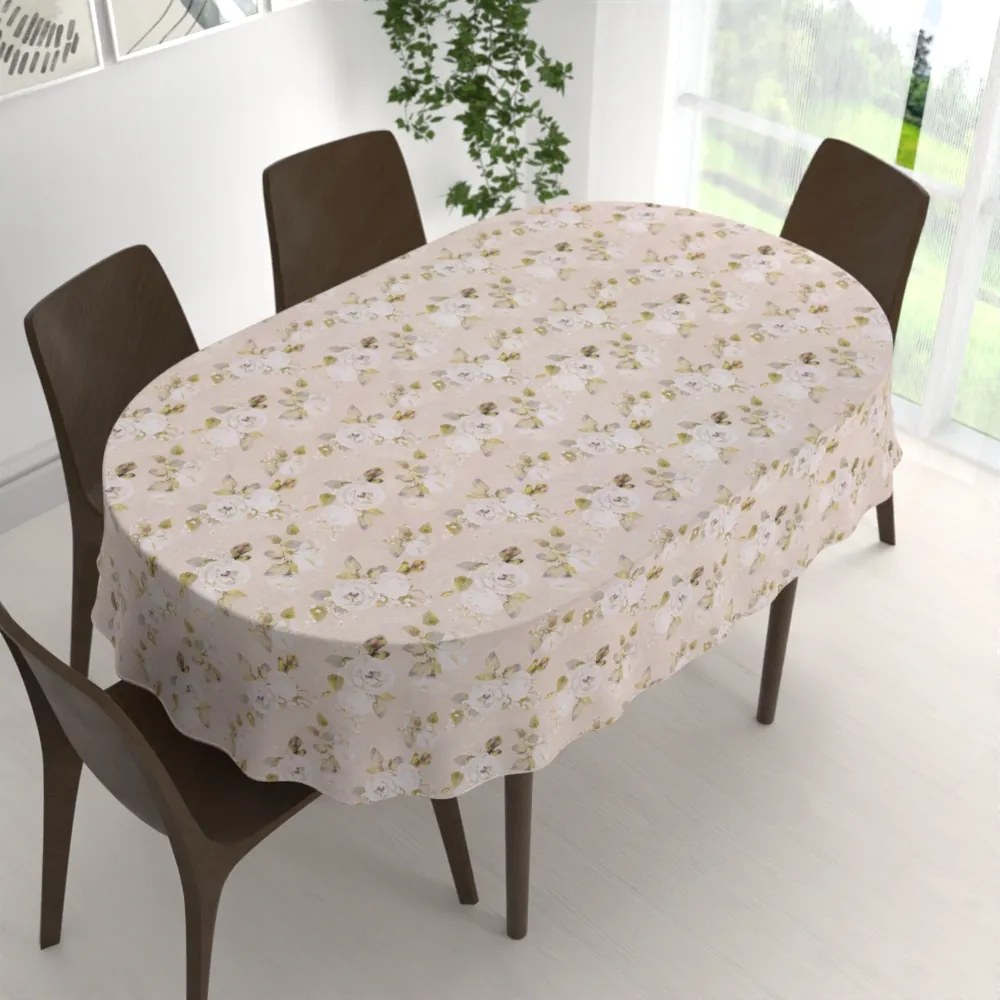 Biante Dekoračný oválny obrus PML-059 Biele ruže s perokresbou na béžovom 100x140 cm