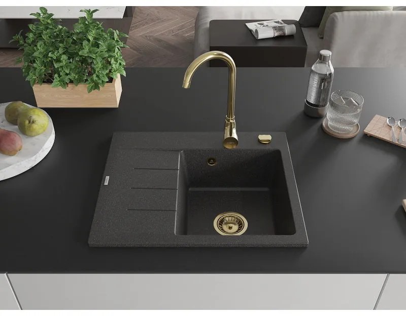 Mexen Ben, 1-komorový granitový drez 600x500x190 mm, pravý + zlatý sifón, čierna škvrnitá, 6523605000-76-G