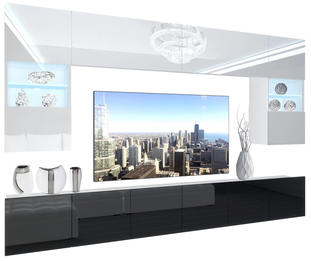 Obývacia stena Belini Premium Full Version biely lesk / čierny lesk + LED osvetlenie Nexum 134