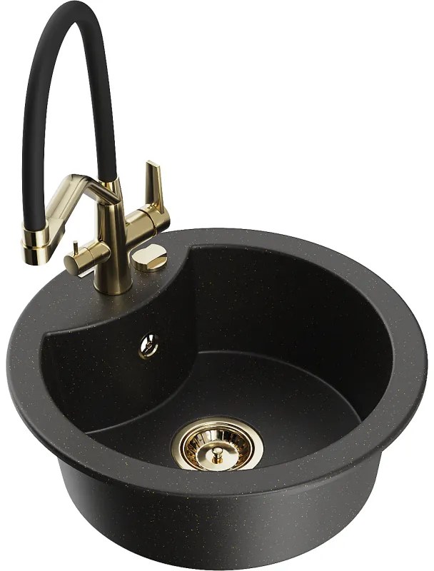 Mexen Diego, 1-komorový granitový drez 488x488x167 mm a drezová batéria Duo, čierna-zlatá metalíza, 6512-75-671701-57-G