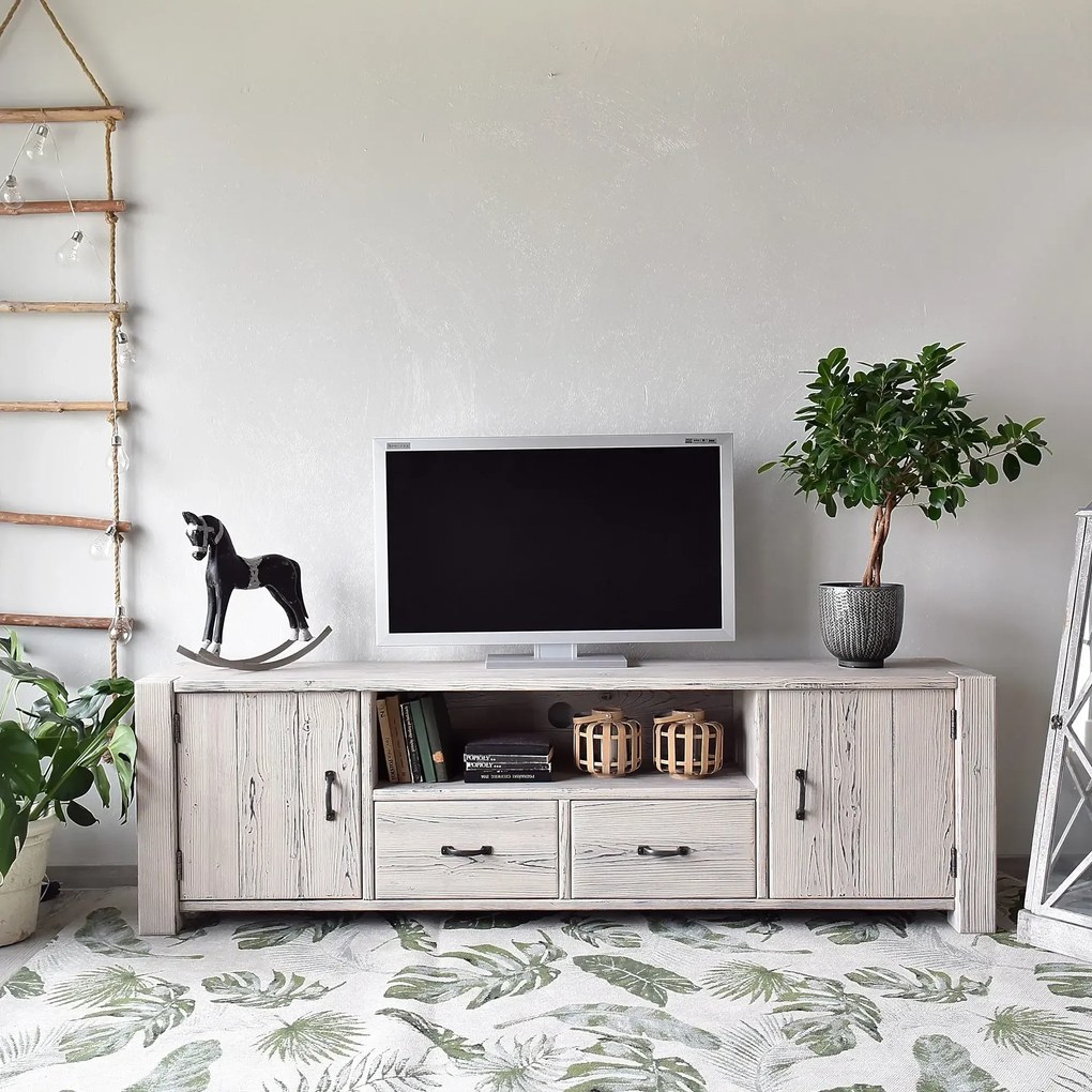 Široká patinovaná TV skrinka s 2 dvierkami a 2 zásuvkami vo vidieckom štýle, 200x40x60 cm