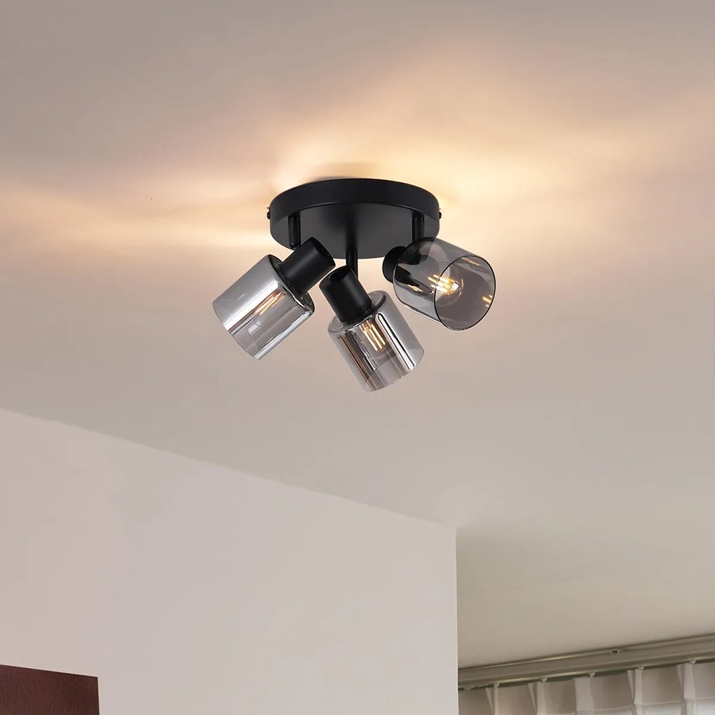 Moderné stropné svietidlo čierne s dymovým sklom okrúhle s 3 svetlami - Cilin