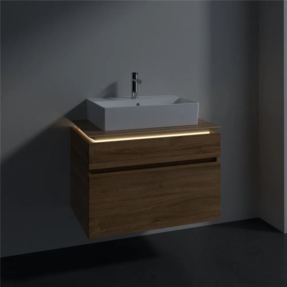 VILLEROY &amp; BOCH Legato závesná skrinka pod umývadlo na dosku (umývadlo v strede), 2 zásuvky, s LED osvetlením, 800 x 500 x 550 mm, Oak Kansas, B602L0RH