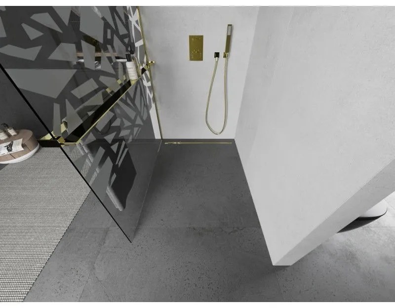 Mexen Kioto+, sprchová zástena s poličkou a držiakom na uteráky 100 x 200 cm, 8mm číre sklo vzor biely, zlatý profil 800-100-121-50-85