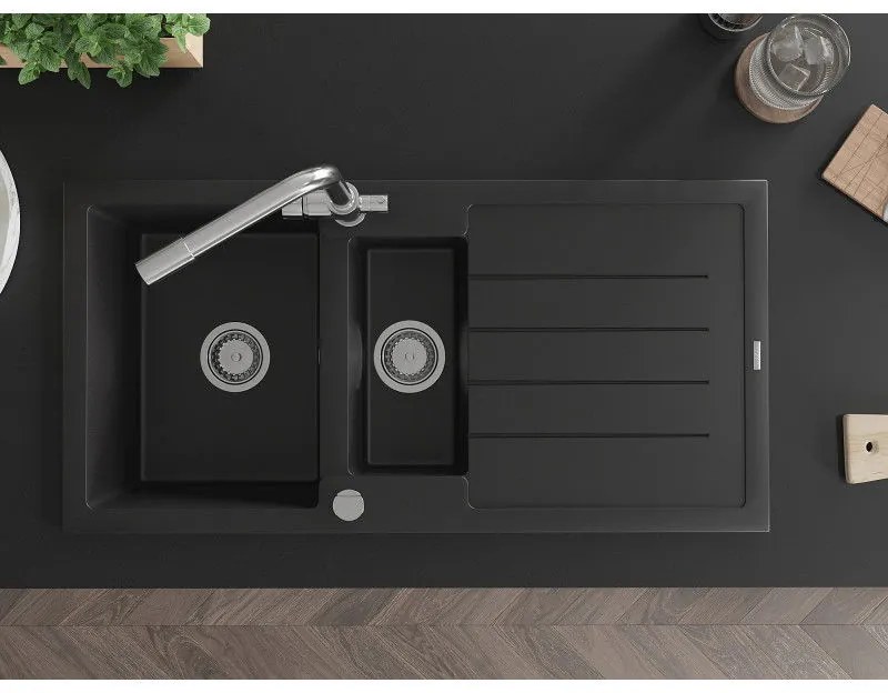 Mexen Andres, granitový drez 1000x500x200 mm, 1,5-komorový + chrómová batéria Duero, čierna, 6515-77-671600-00