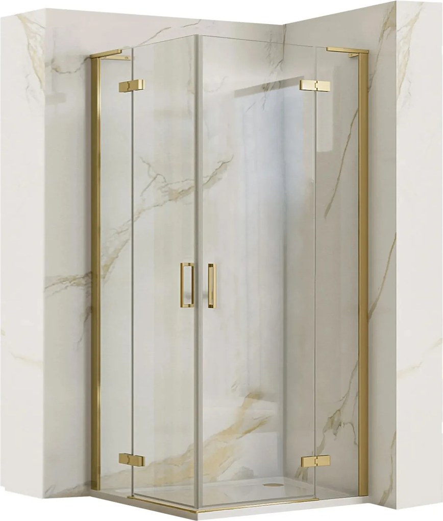 Sprchovací kút REA HUGO DOUBLE GOLD BRUSH 90x80, zlatý kartáčovaný/transparent - bez vaničky