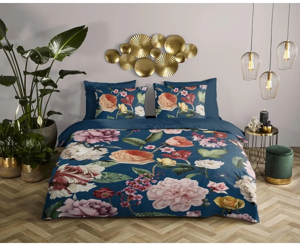 Tmavomodré obliečky na jednolôžko/predĺžené z bavlneného saténu 140x220 cm Fiori – Descanso