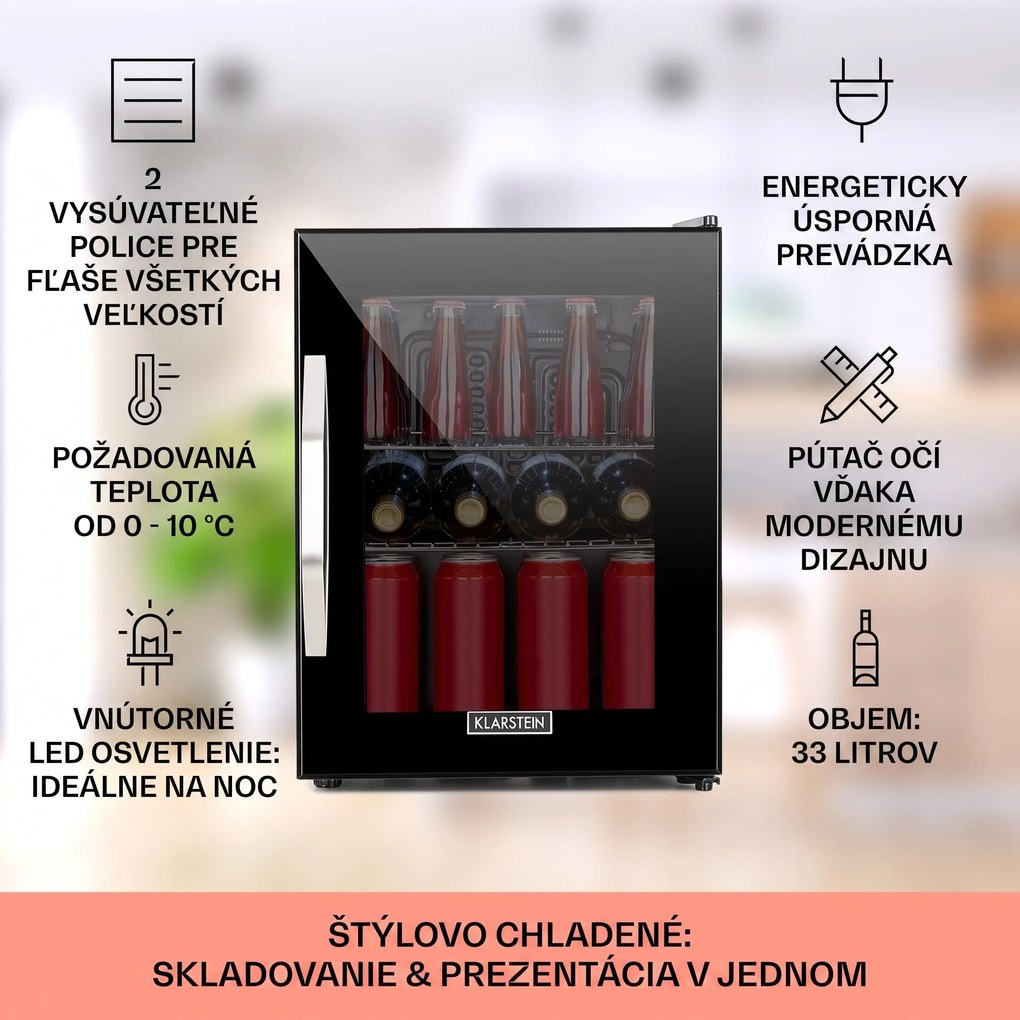 Klarstein Beersafe M Onyx, chladnička, energet. trieda C, LED, 2 kovové police, sklenené dvierka
