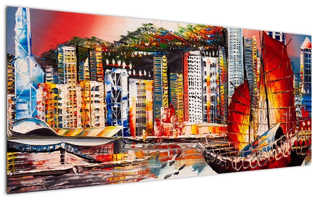 Obrázok - Victoria Harbor, Hong Kong, olejomaľba (120x50 cm)