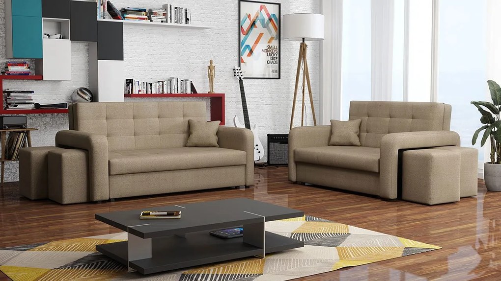 Rozkladacia sedacia súprava s úložným priestorom Clivia Home II + III, Taburetka: ľavá strana (pohovka III) + pravá strana (pohovka II), Dostupné poťahy: Malmo 81