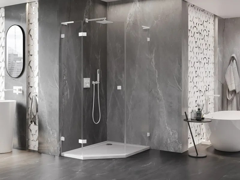 Mexen Lunar, L päťuholníkový sprchový kút naklápací doľava 80 x 100 cm, 8mm číre sklo, biely profil, 831L-080L-100P-20-00-L
