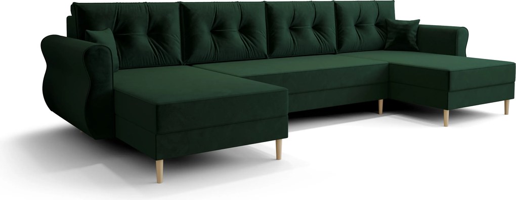 Rozkladacia sedacia súprava do U SILVIANO 300x140 cm, tmavozelená + 2 vankúšiky ZDARMA