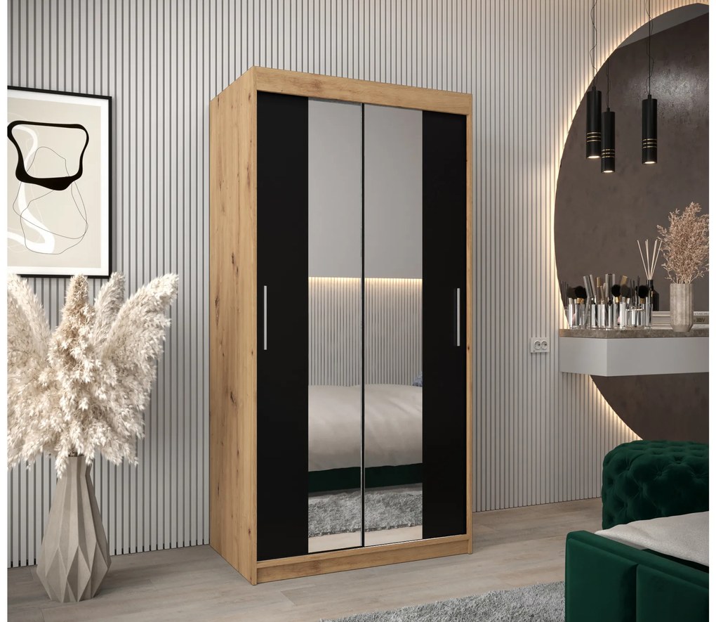 Šatníková skriňa 100 cm Toki 1 (Dub artisan + Čierna matná). Akcia -72%. Vlastná spoľahlivá doprava až k Vám domov. 1064882