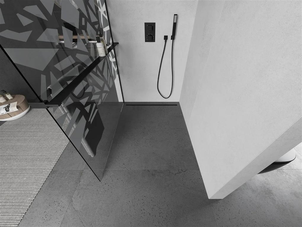 Mexen Kioto+, sprchová zástena s poličkou a držiakom na uteráky 130 x 200 cm, 8mm sklo číre sklo vzor biely, čierny profil, 800-130-121-70-85