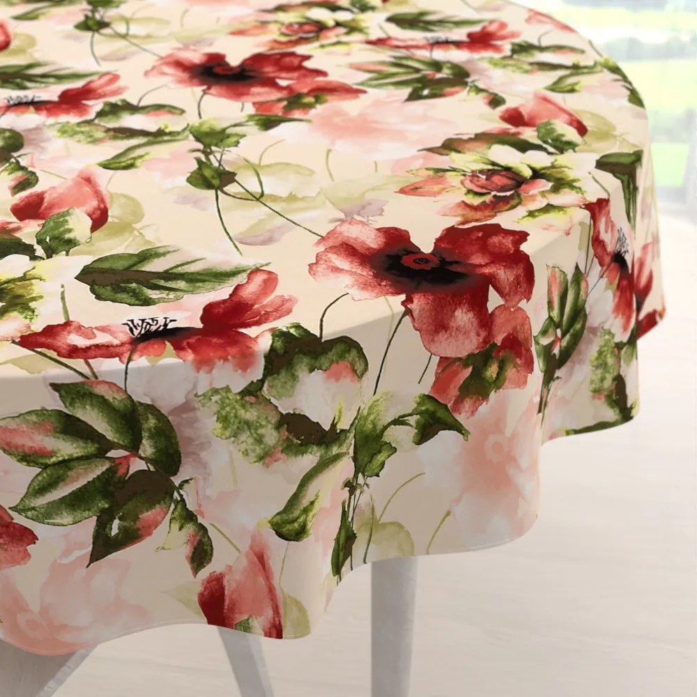 Biante Zamatový okrúhly obrus Tamara TMR-051 Abstraktné červené kvety na žltobéžovom Ø 80 cm