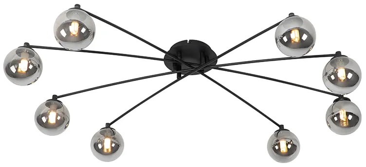 Moderné stropné svietidlo čierne 8-žiarovkové s dymovým sklom - Atény
