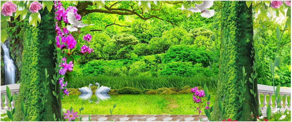 Obraz - Čarovná záhrada s labuťami (120x50 cm)