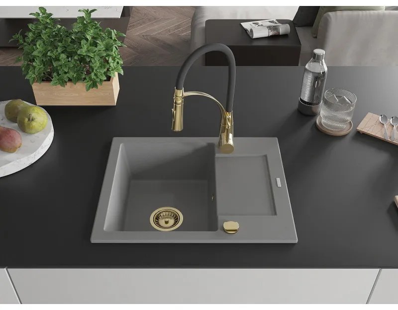 Mexen Enzo, 1-komorový granitový drez 576x465x174 mm a drezová batéria Aster, šedá, 6506-71-73450-57-G
