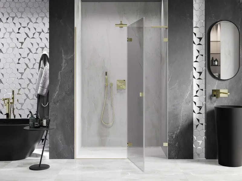 Mexen, Mexen Lunar L výklopné pravé sprchové dvere 135 cm, transparentné, brúsené zlaté - 834L-135-000-55-00-P