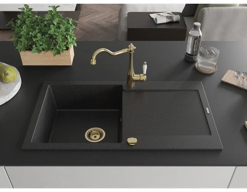 Mexen Leo, granitový drez 900x500x190 mm, 1-komorový a drezová batéria Carla, čierna-strieborná metalíza, 6501-73-670700-50