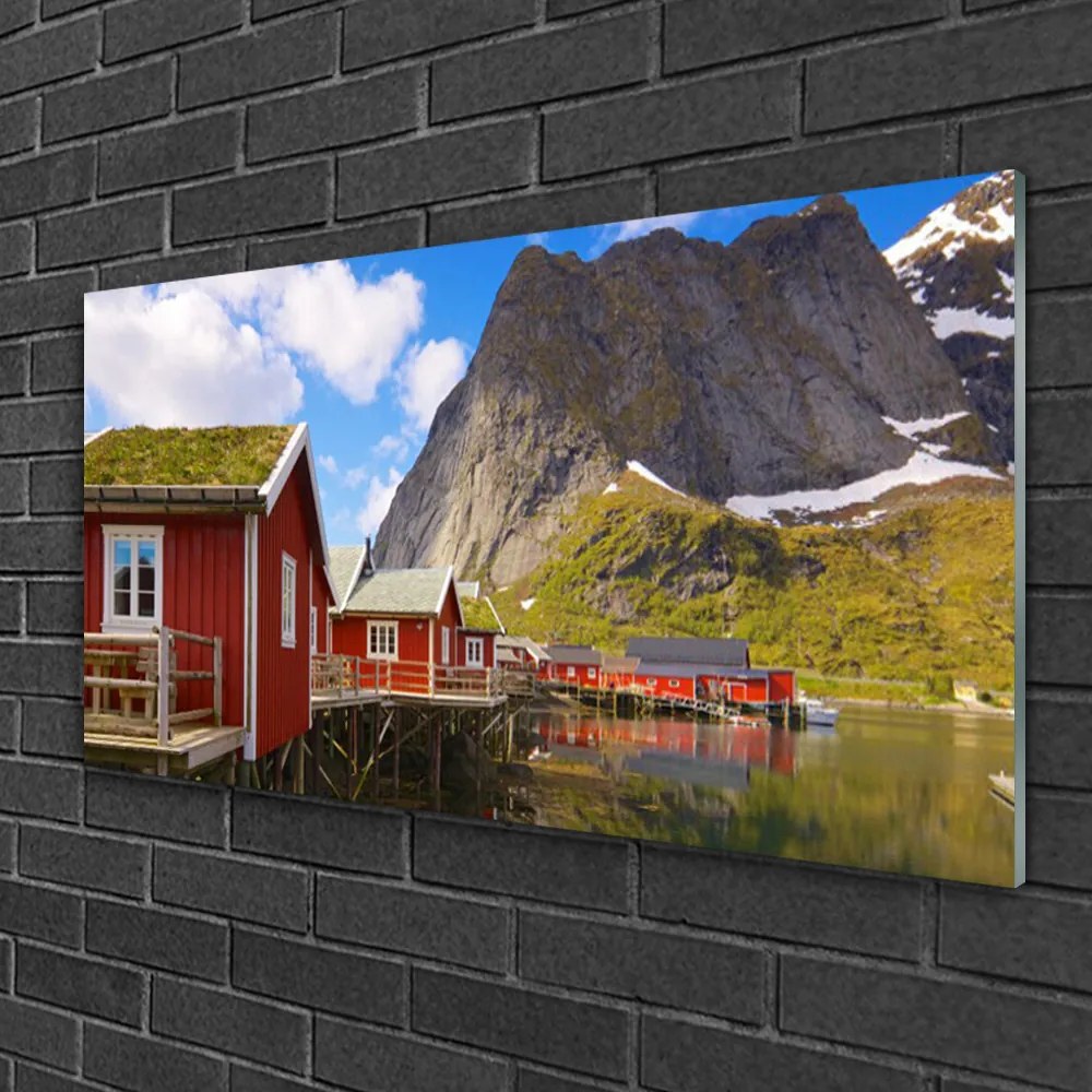 Skleneny obraz Domy jazero hory príroda 100x50 cm