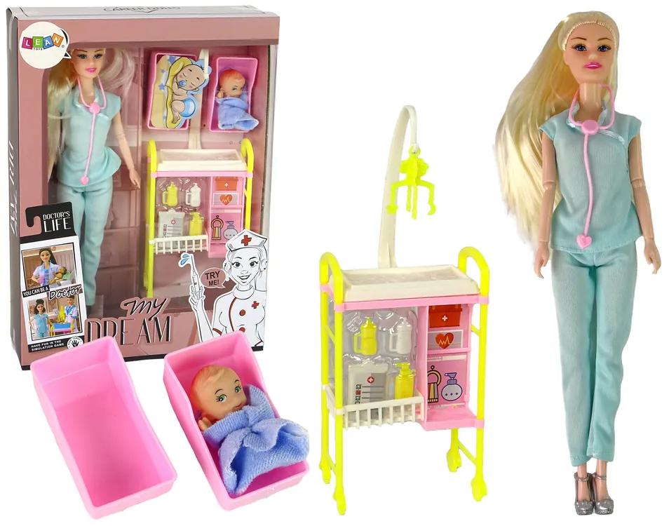 Lean Toys Bábika doktorka s bábätkom a doplnkami - v modrom oblečení