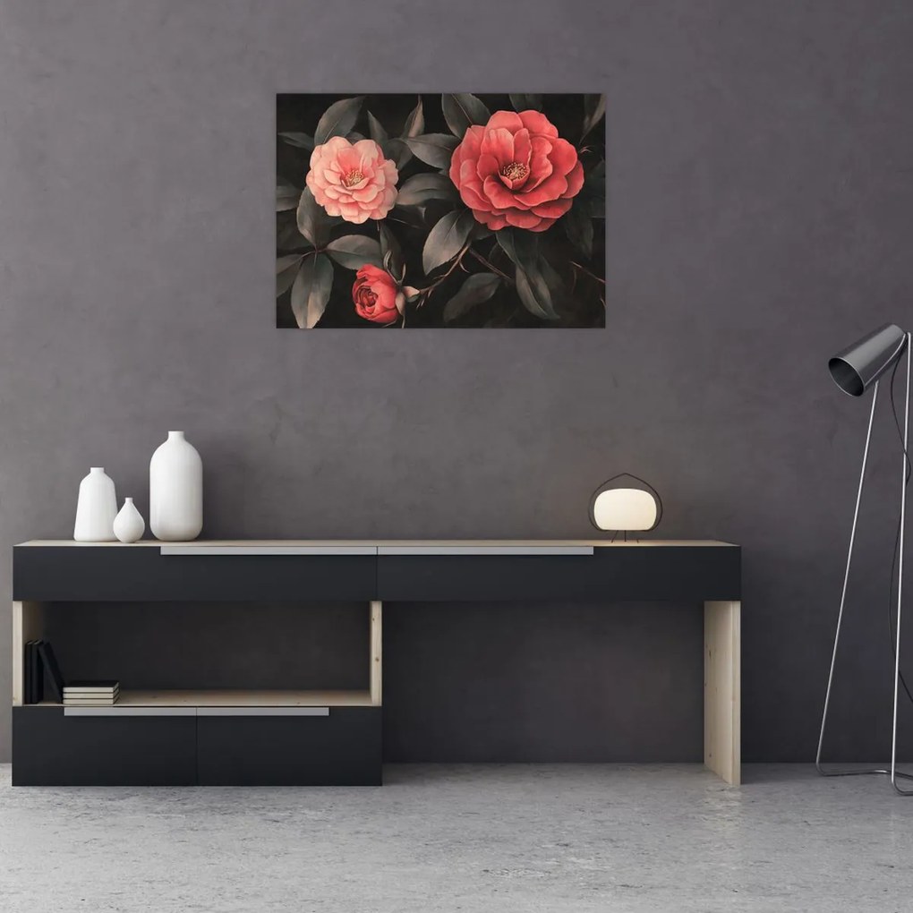 Obraz - Červené kvety na tmavom pozadí (70x50 cm)