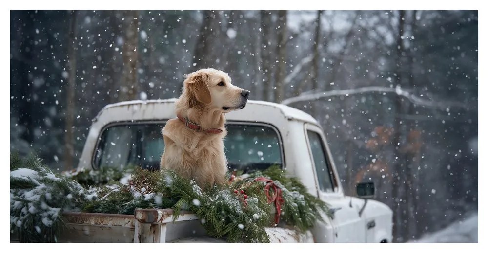 Vianočný obraz pes na korbe plnej ihličia