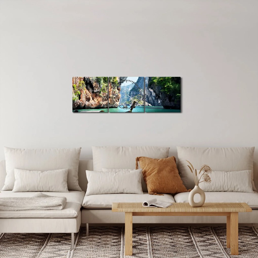 Obraz - Vodná stredomorská krajina s loďou (s hodinami) (90x30 cm)