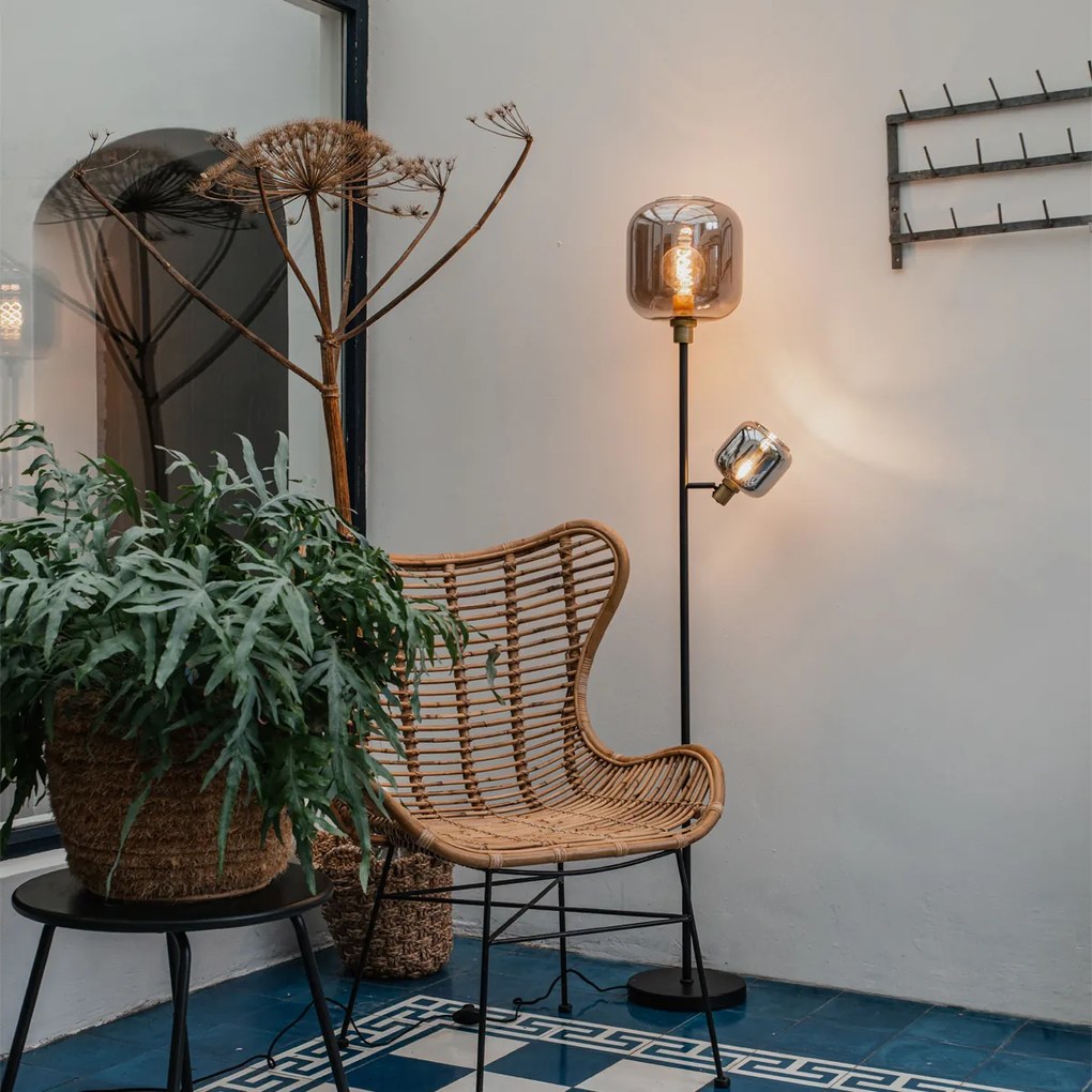 Stojaca lampa čierna so zlatom s dymovým sklom 2-svetlo - Zuzanna