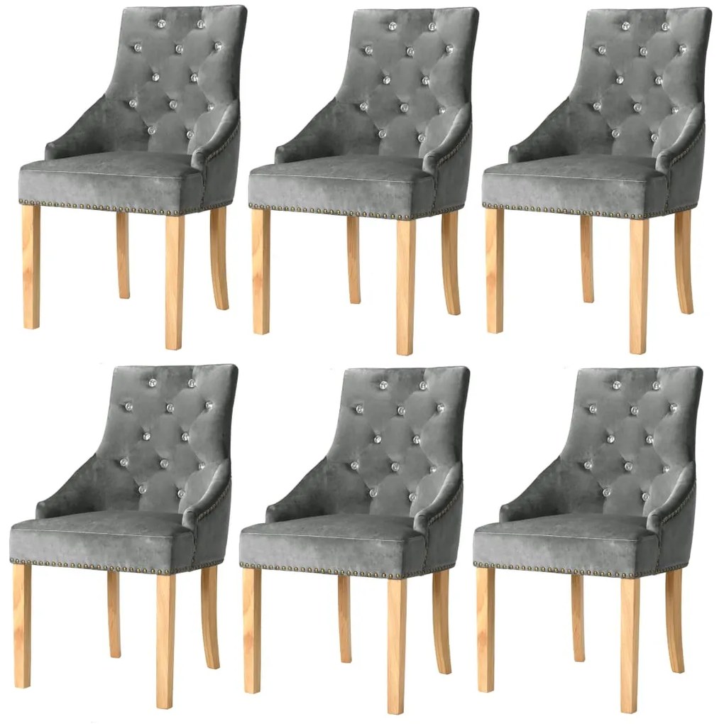 vidaXL Jedálenské stoličky 6 ks, strieborné, dubový masív a zamat