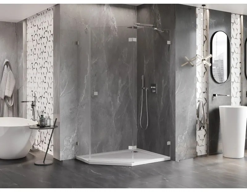 Mexen Lunar, pravý výklopný päťuholníkový sprchový kút 90 x 80 cm, 8mm číre sklo, oceľový profil, 831-090P-080L-97-00-P