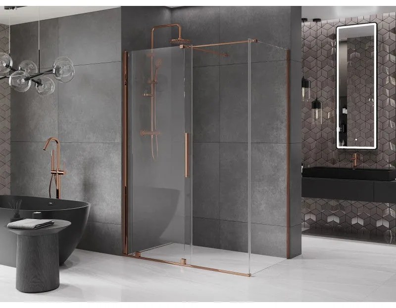 Mexen Velar, sprchový kút s posuvnými dverami 140(dvere) x 75(stena) cm, 8mm číre sklo, ružové zlato, 871-140-075-01-60