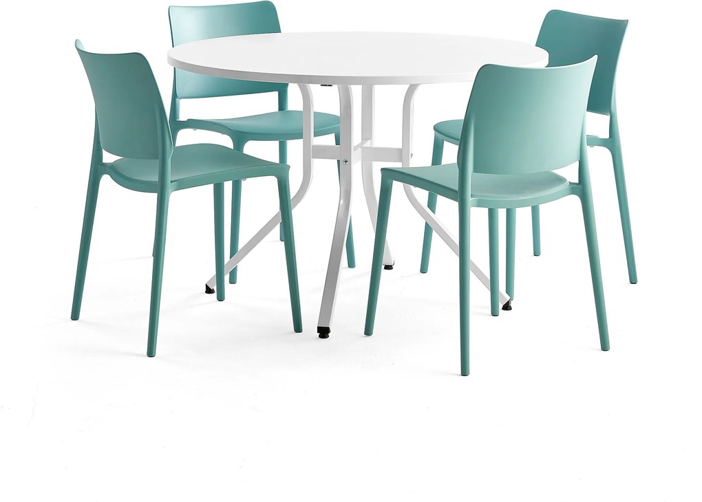 Zostava nábytku: Stôl Various + 4 tyrkysové stoličky Rio