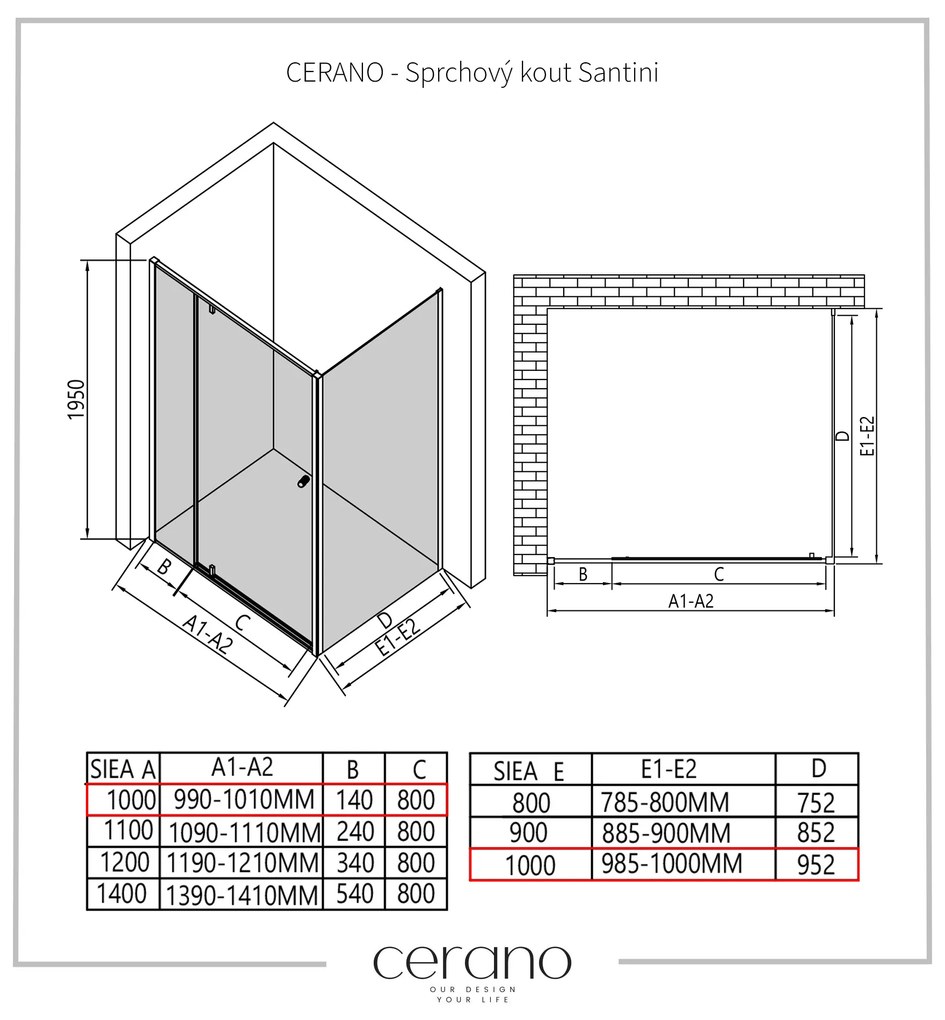 Cerano Santini, sprchovací kút 100(dvere) x 100(stena) x 195 cm, 6mm číre sklo, čierny profil, CER-CER-428962