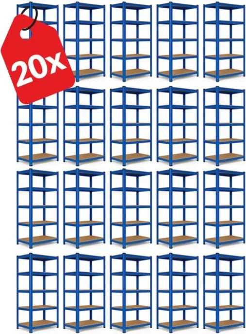 Akcia 20x Regál 180x90x40 cm lakovaný 5-policový, nosnosť 875 kg - modrý