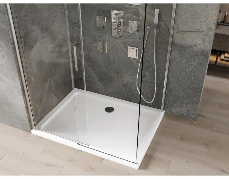 Mexen Omega, sprchovací kút s posuvnými dverami 130 (dvere) x 100 (stena) cm, 8mm číre sklo, chrómový profil + slim sprchová vanička 5cm, 825-130-100-01-00-4010
