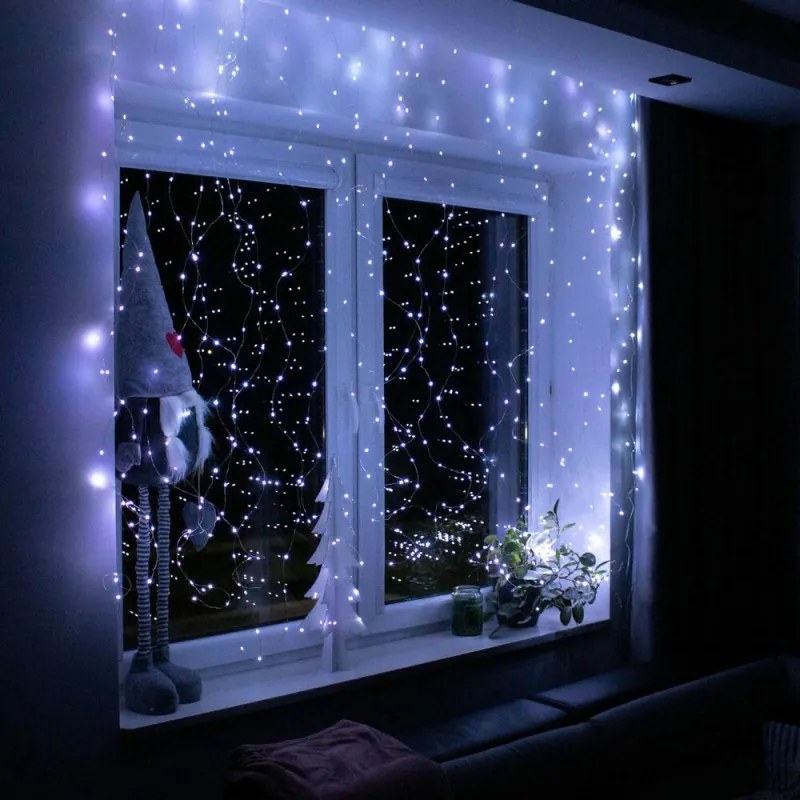 SPRINGOS LED Nano svetelný záves - 3x3m, 300LED, 8 funkcií, ovládač, USB, IP44, studená biela