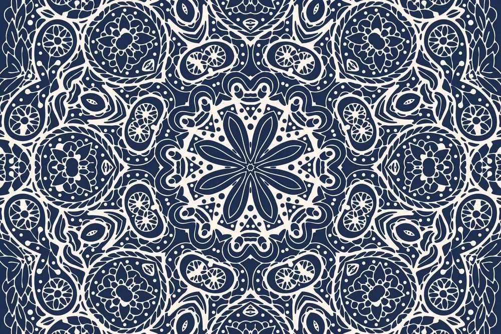 Samolepiaca tapeta biela Mandala na modrom pozadí