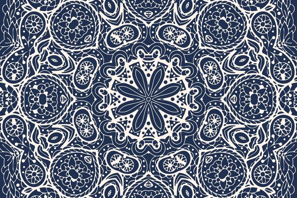 Samolepiaca tapeta biela Mandala na modrom pozadí
