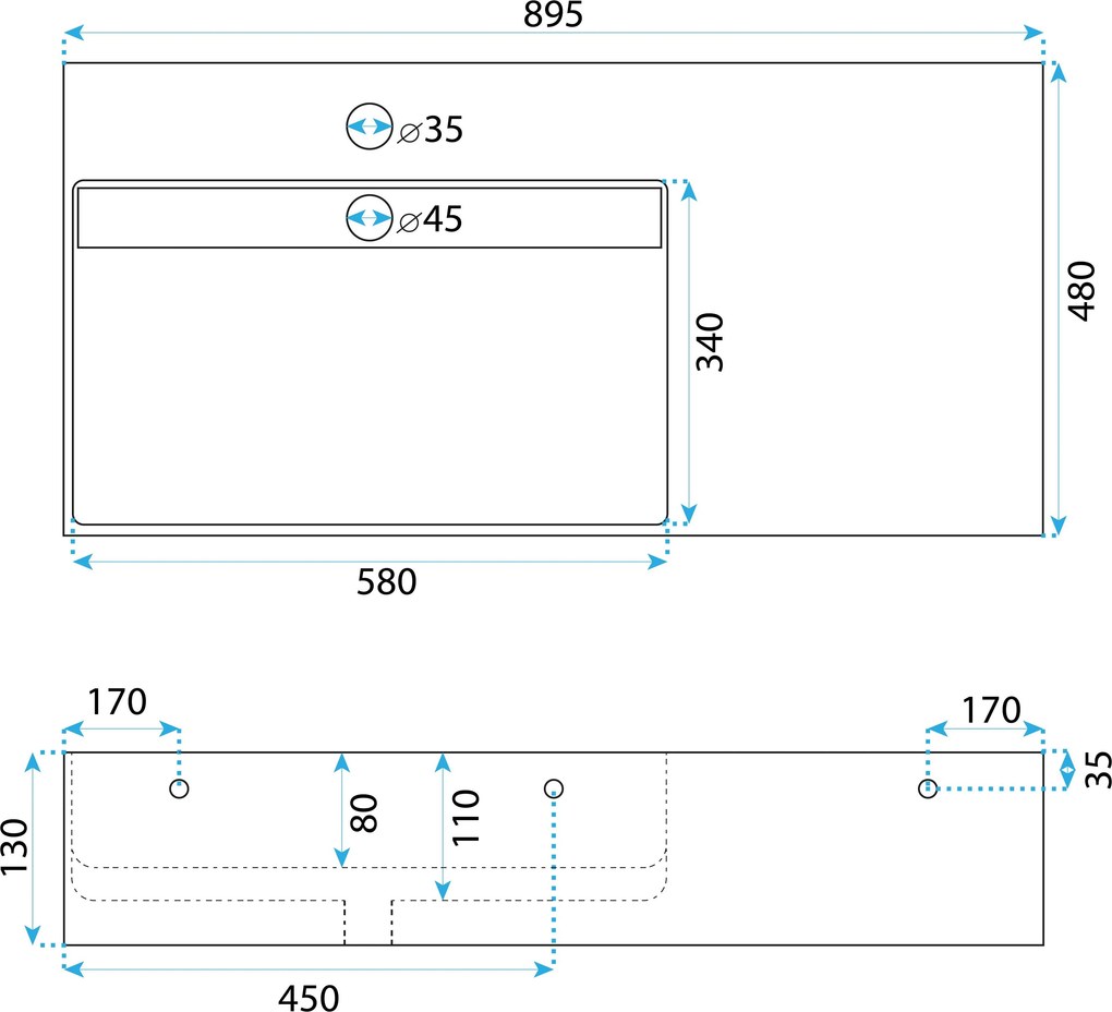 Rea Archi, umývadlo na dosku z konglomerátu 900x480x130 mm, ľavá verzia, šedá matná, REA-U4304