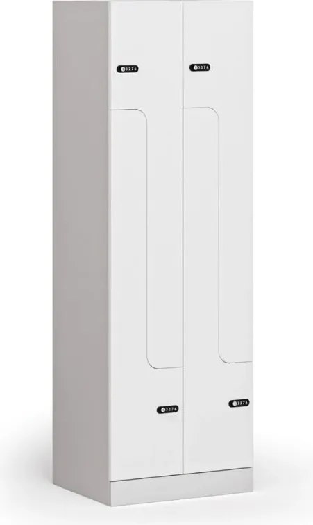 Kovová šatníková skrinka S1 Z, 4 oddiely, 1850 x 600 x 500 mm, mechanický kódový zámok, laminované dvere, biela