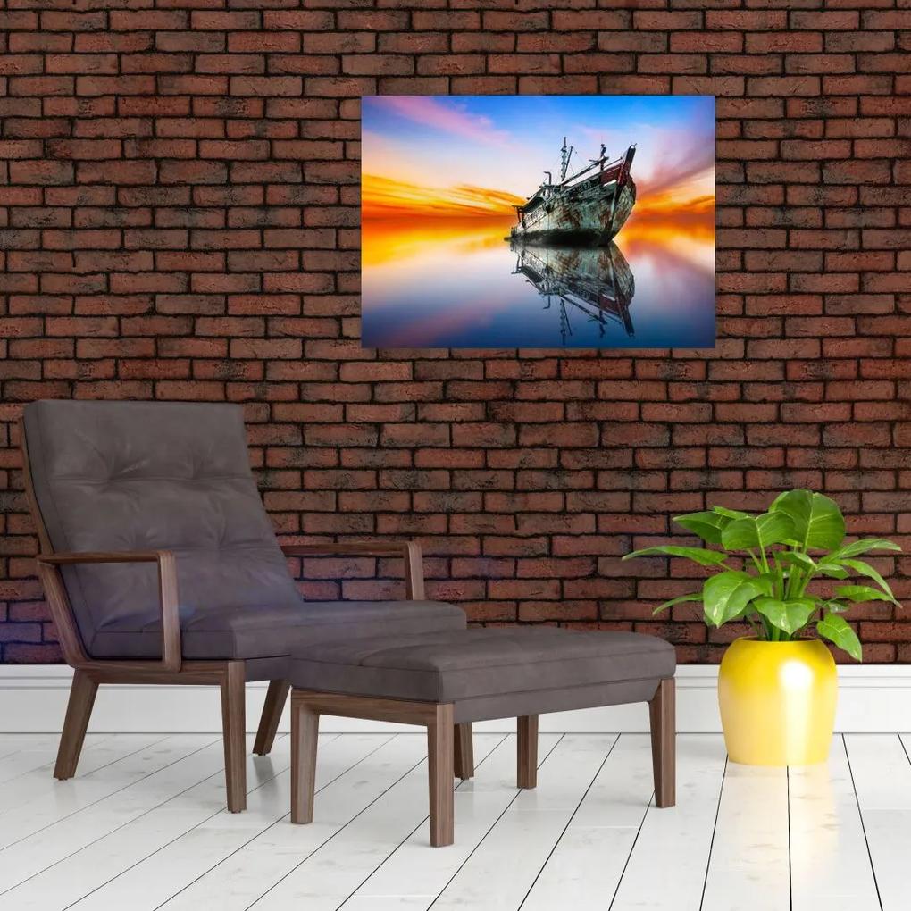 Sklenený obraz - Svitanie nad vrakom lode (70x50 cm)