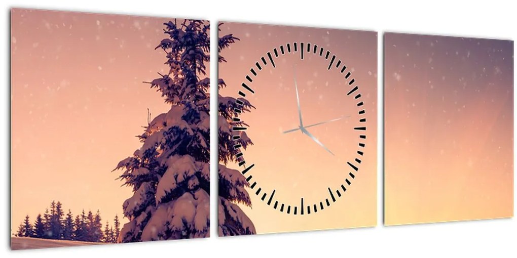 Obraz zasneženého stromu na lúke (s hodinami) (90x30 cm)