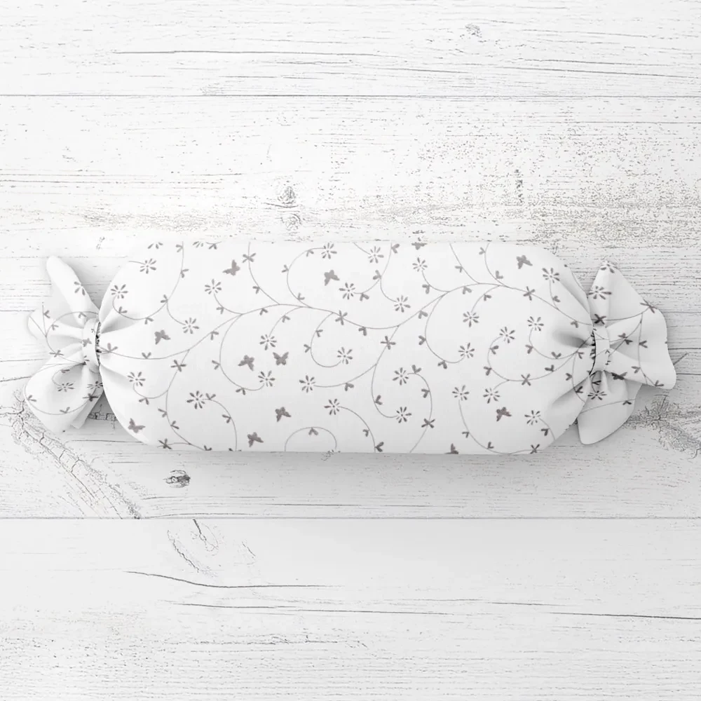 Biante Vankúš valec bonbon Sandra SA-049 Drobné sivé kvietky a motýliky na bielom 15x60 cm
