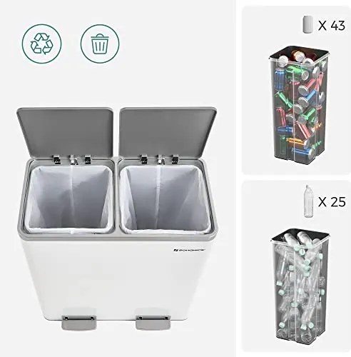 SONGMICS dvojitý kôš, kovový kôš na triedený odpad s 15 vreckami, 2 x 30 l, bielo-šedá